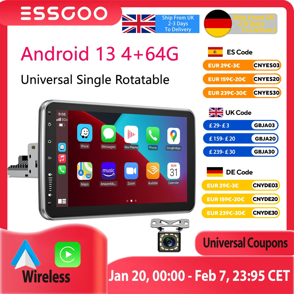 ESSGOO Android 13 10.1" Universal Rotatable Car Radio with CarPlay & GPS