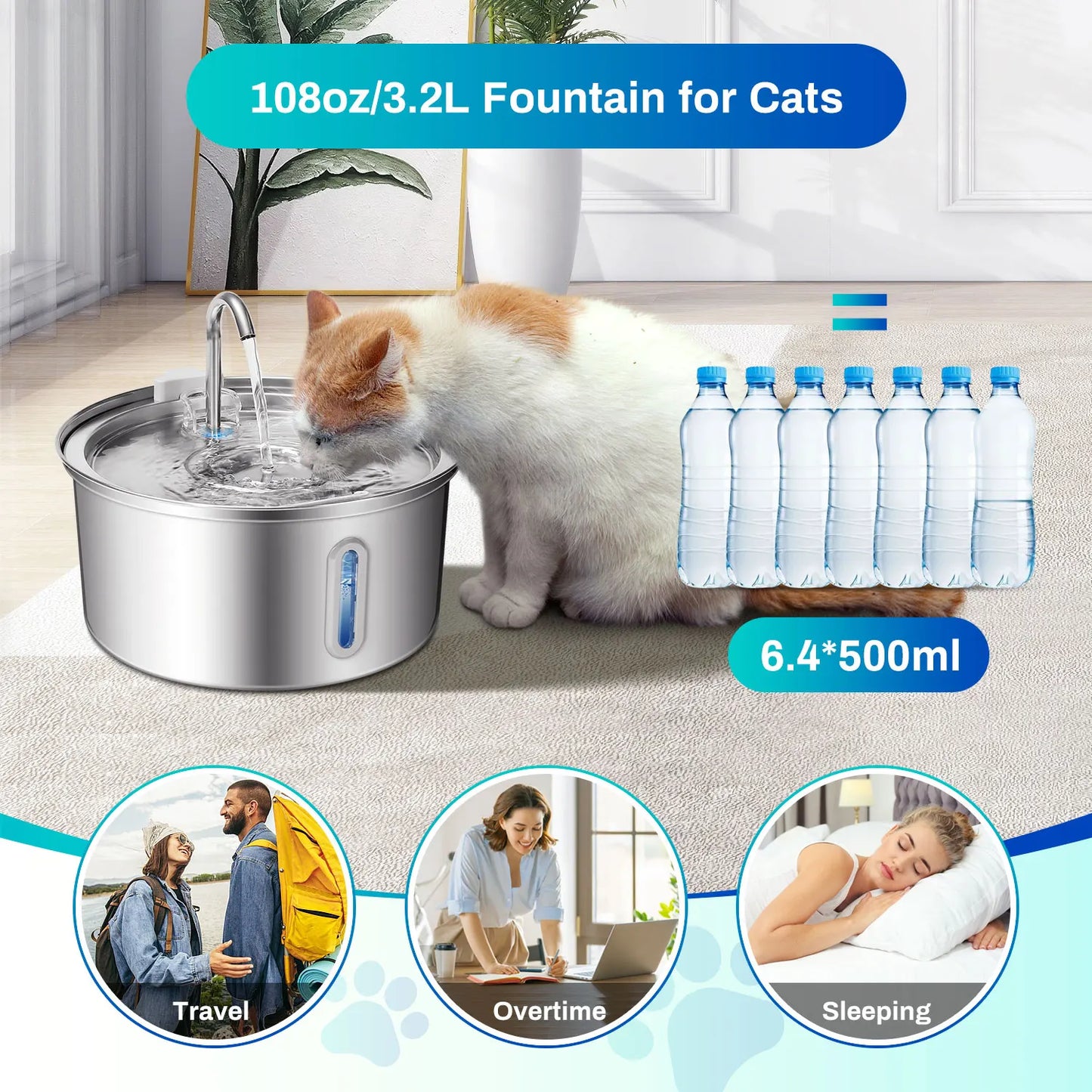 Stainless steel cat water fountain 108oz with quiet pump and multiple filtration system
