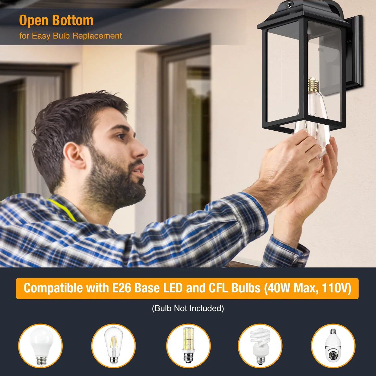 Outdoor Wall Sconce Lights Set of 2 Black Porch Lanterns for House Garage Patio