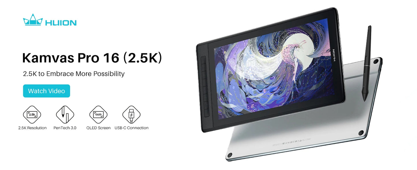 HUION KAMVAS Pro 16 2.5K QLED Full-Laminated 15.6inch Graphics Drawing Tablet with Battery-Free Pen