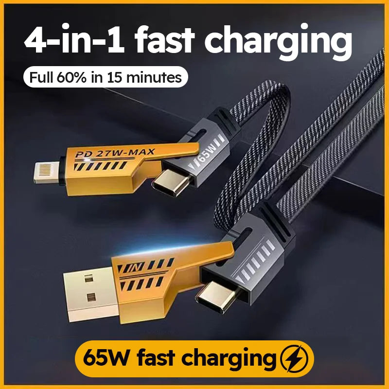 4 in 1 Fast Charging Cable USB A Type C Dual Connector Nylon Braided PD 65W 27W for iPhone/Android/Xiaomi