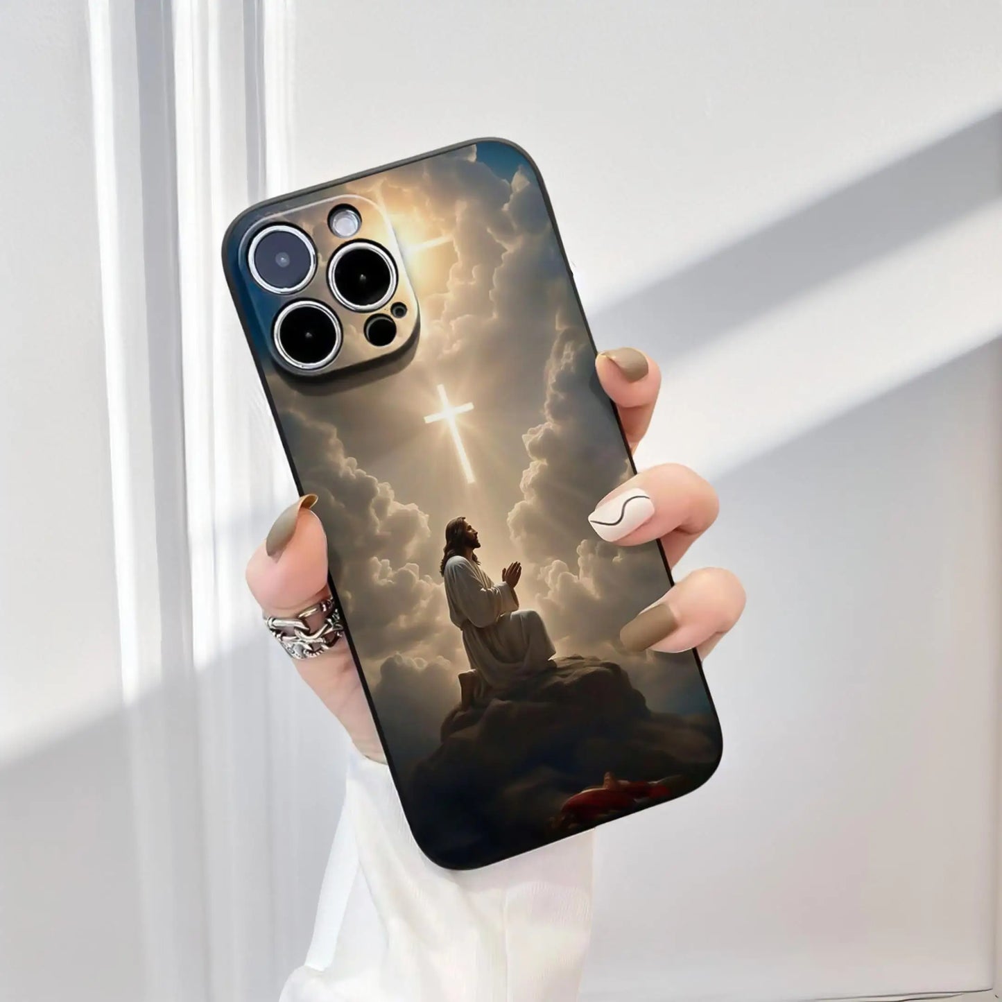 Jesus painting phone case for iPhone 16 Pro Max to X/XS, anti-drop design.