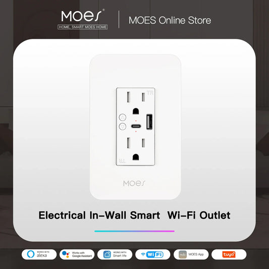 WiFi Smart Wall Socket with USB and Type C by MOES, featuring remote control and three or more slots, CE certified.