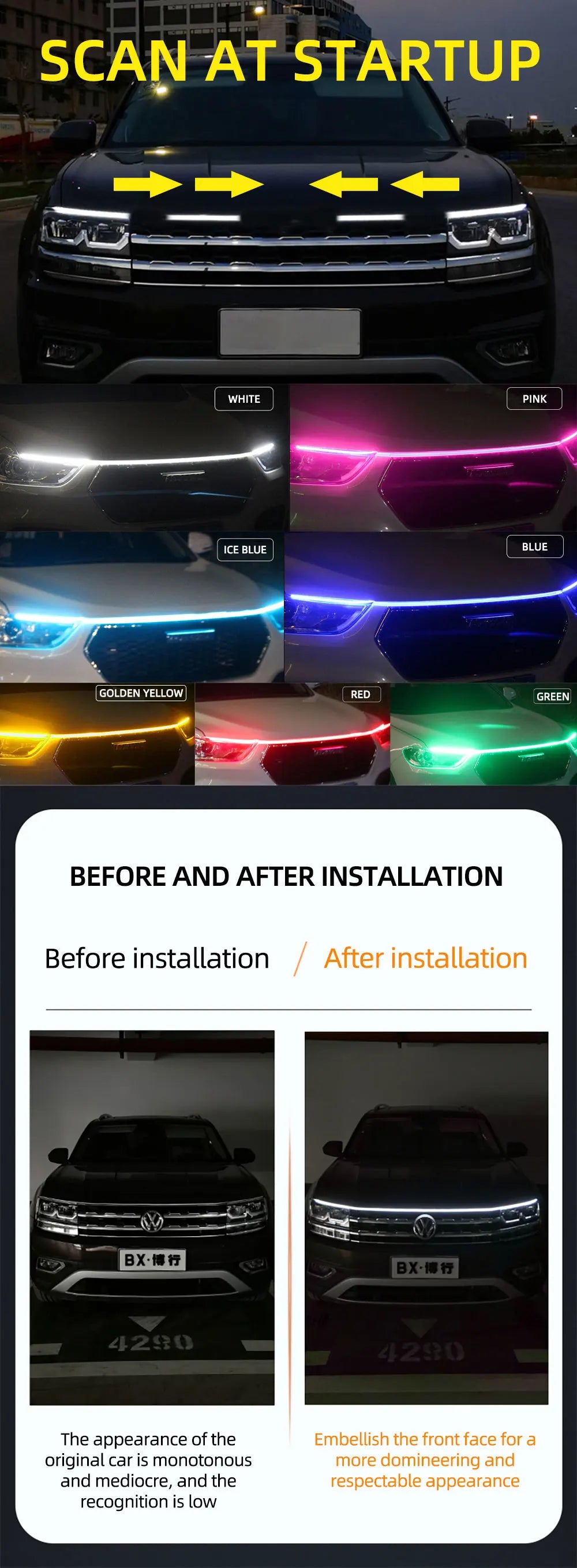 150 180CM Car Hood LED Running Light Strip White Dynamic