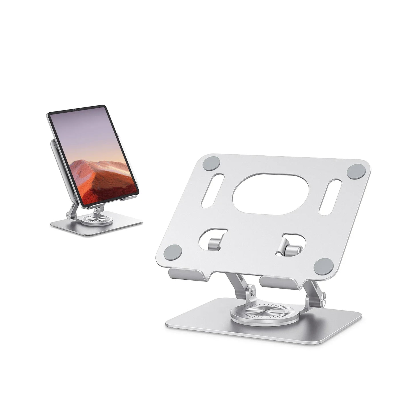 ST02 Adjustable Aluminum Tablet Stand with 360° swivel base holding a tablet.