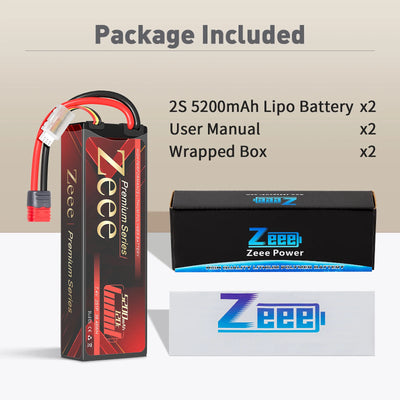 2pcs Zeee 2S Lipo Battery 5200mAh 120C Hardcase with T Plug for RC Car 1/8 1/10 Vehicles Premium Series