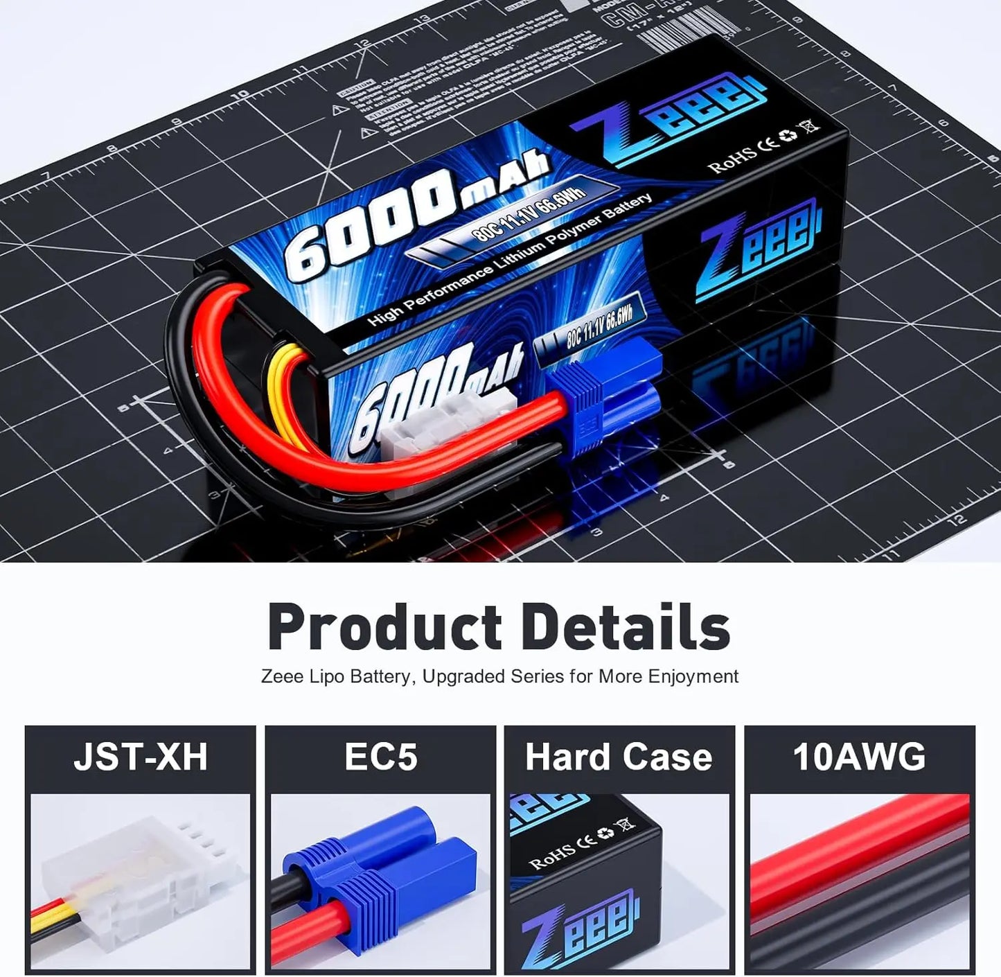 2pc Zeee 3S Lipo Battery 11.1V 80C 6000mAh Hardcase EC5 Plug for RC Cars Trucks Boats FPV Drones