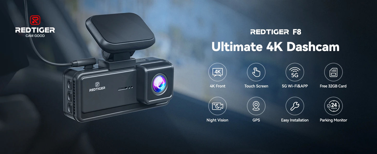 REDTIGER F8 4K+1080P Dash Cam Front and Rear with 5.8G WiFi and GPS