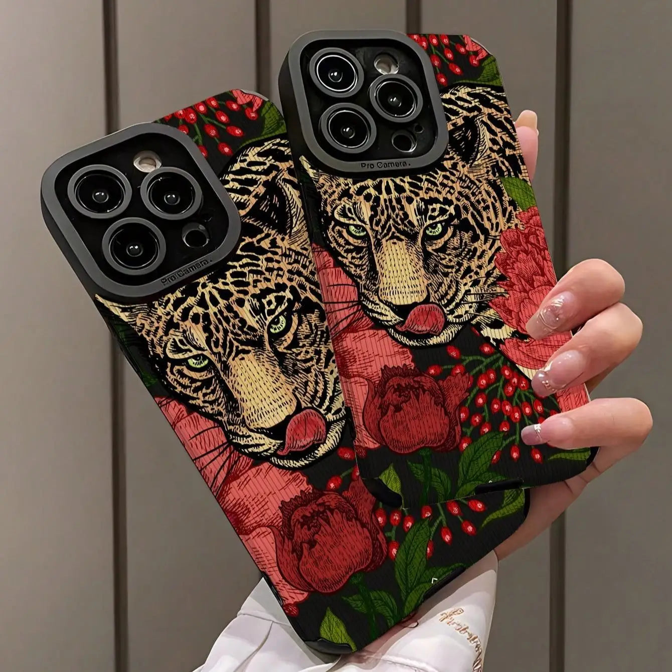 Vintage Rose anti-drop phone case with leopard and floral design for iPhone 16 Pro Max to X/XS.