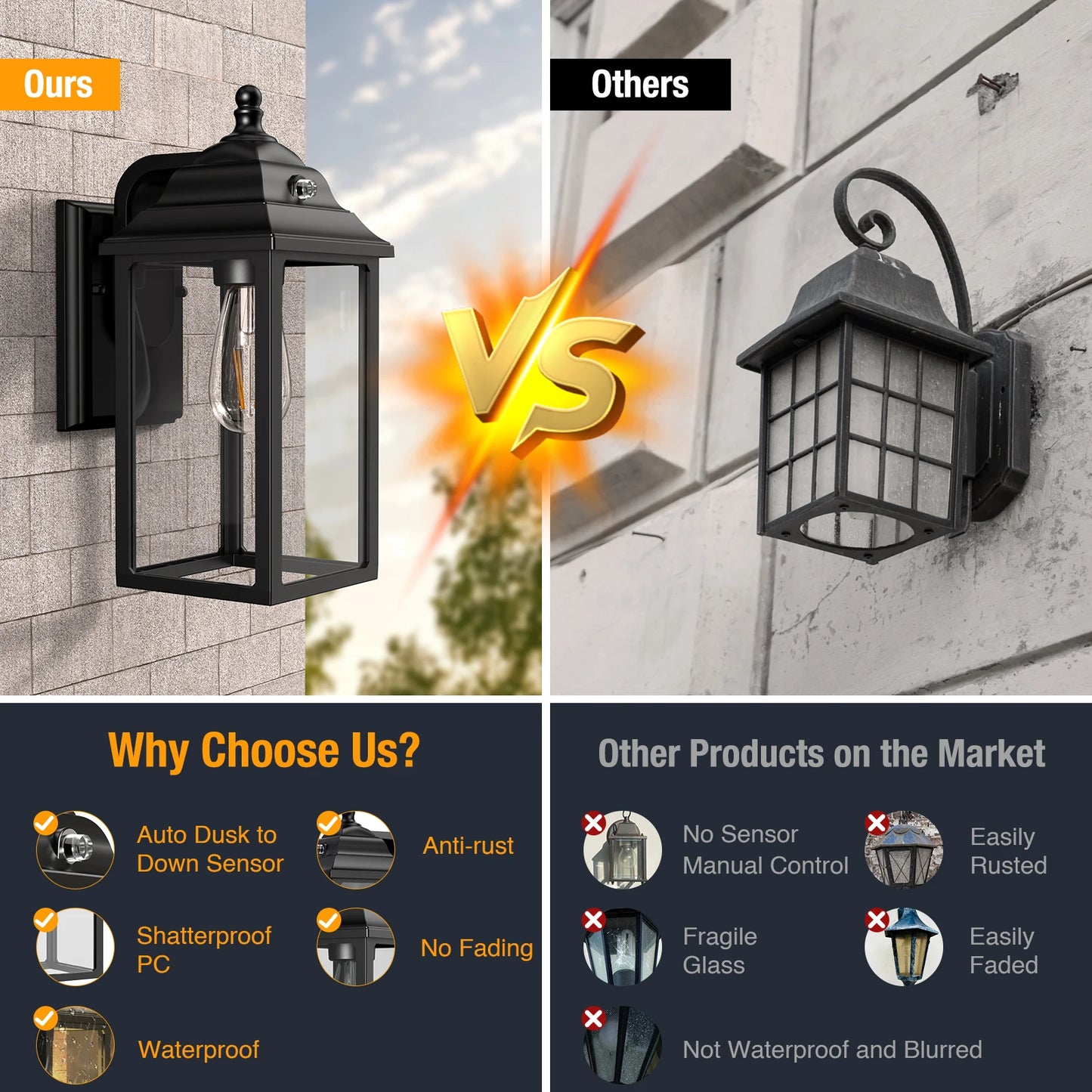 Outdoor Wall Sconce Lights Set of 2 Black Porch Lanterns for House Garage Patio