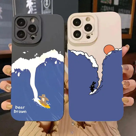 Cartoon Surfing Bear phone case for iPhone with playful design.