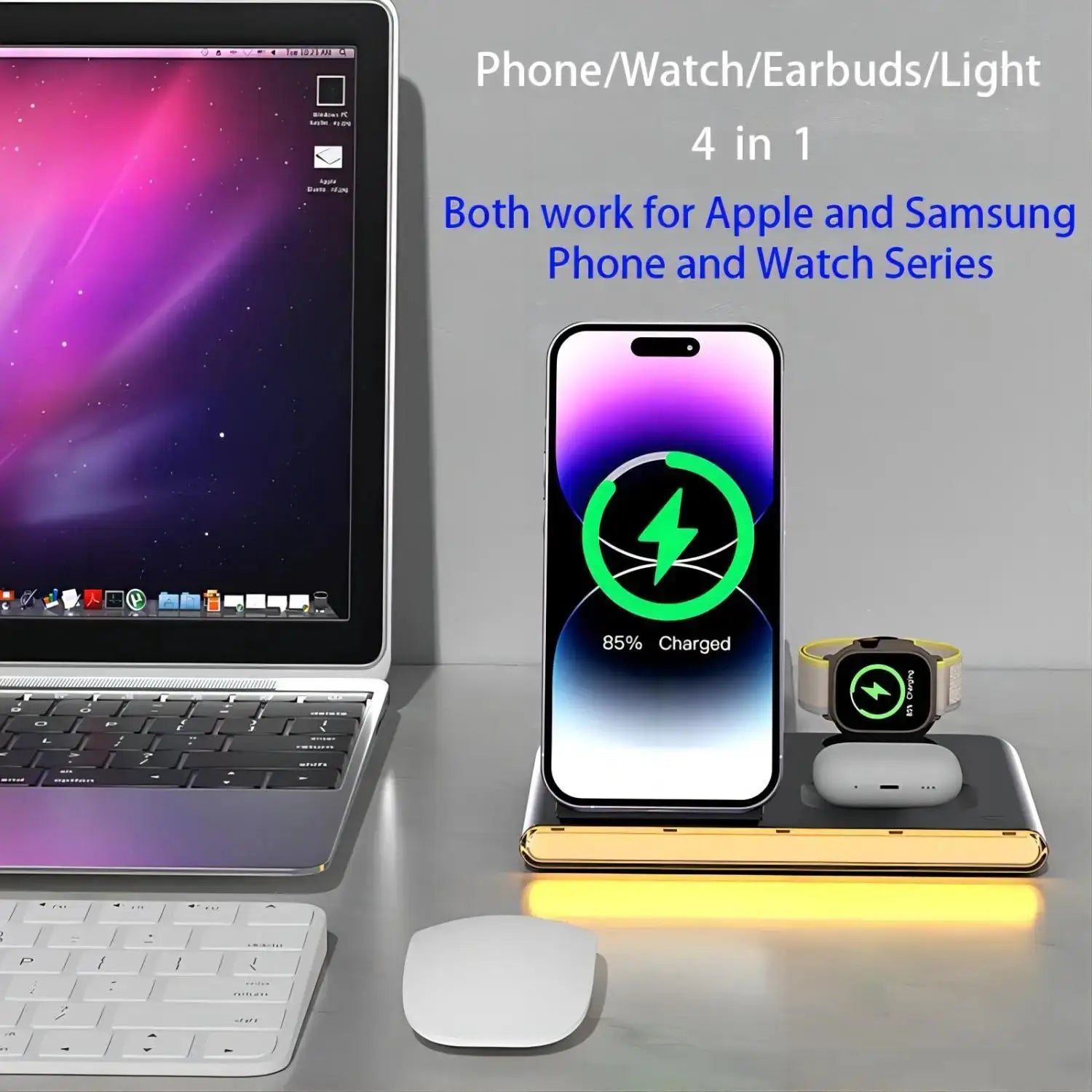 4-in-1 fast charging wireless station for phones, smartwatches, and earphones with LED light and Type C connector.