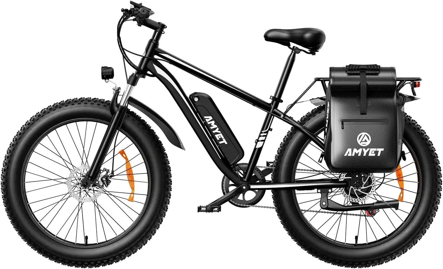 AMYET EB26 1000W Electric Bike 48V with 26-inch fat tires and dual shock suspension.