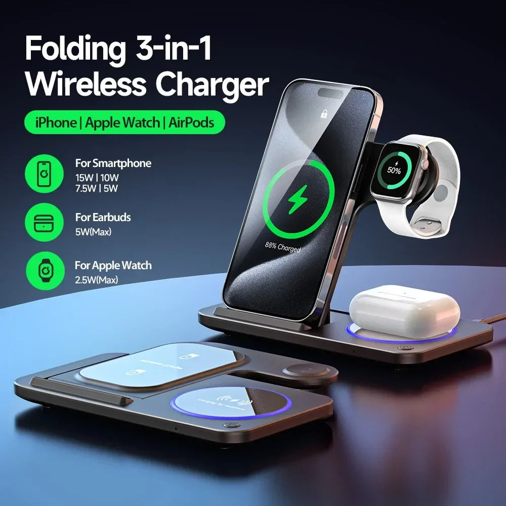 3-in-1 foldable wireless charger with LED display charging phone, smartwatch, and earbuds.