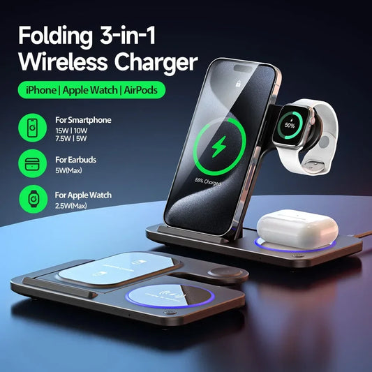 3-in-1 foldable wireless charger with LED display charging phone, smartwatch, and earbuds.