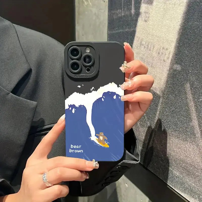 Cartoon Surfing Bear phone case for iPhone 16 Pro Max to X with a cute bear riding a wave design.