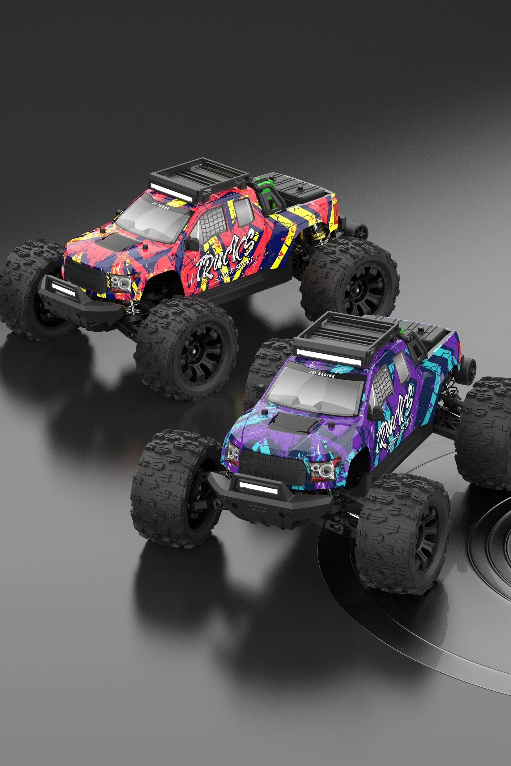 Two 1/14 scale RC racing cars with large off-road tires and colorful graffiti-style designs on a gray surface