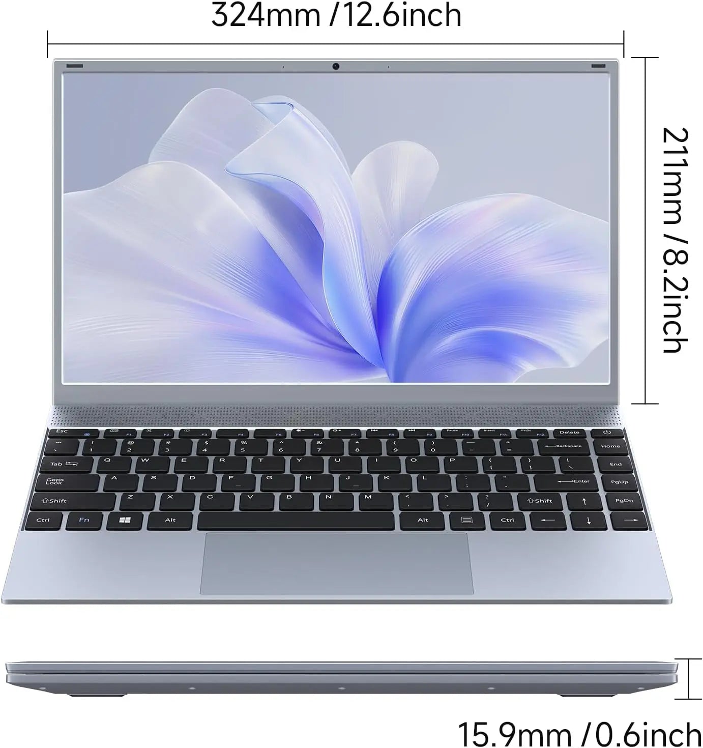 14 Inch Laptop with Intel Graphics, 8GB RAM, 256GB SSD, Windows 11, Ideal for Students and Business, Dimensions 324x211x15.9mm.