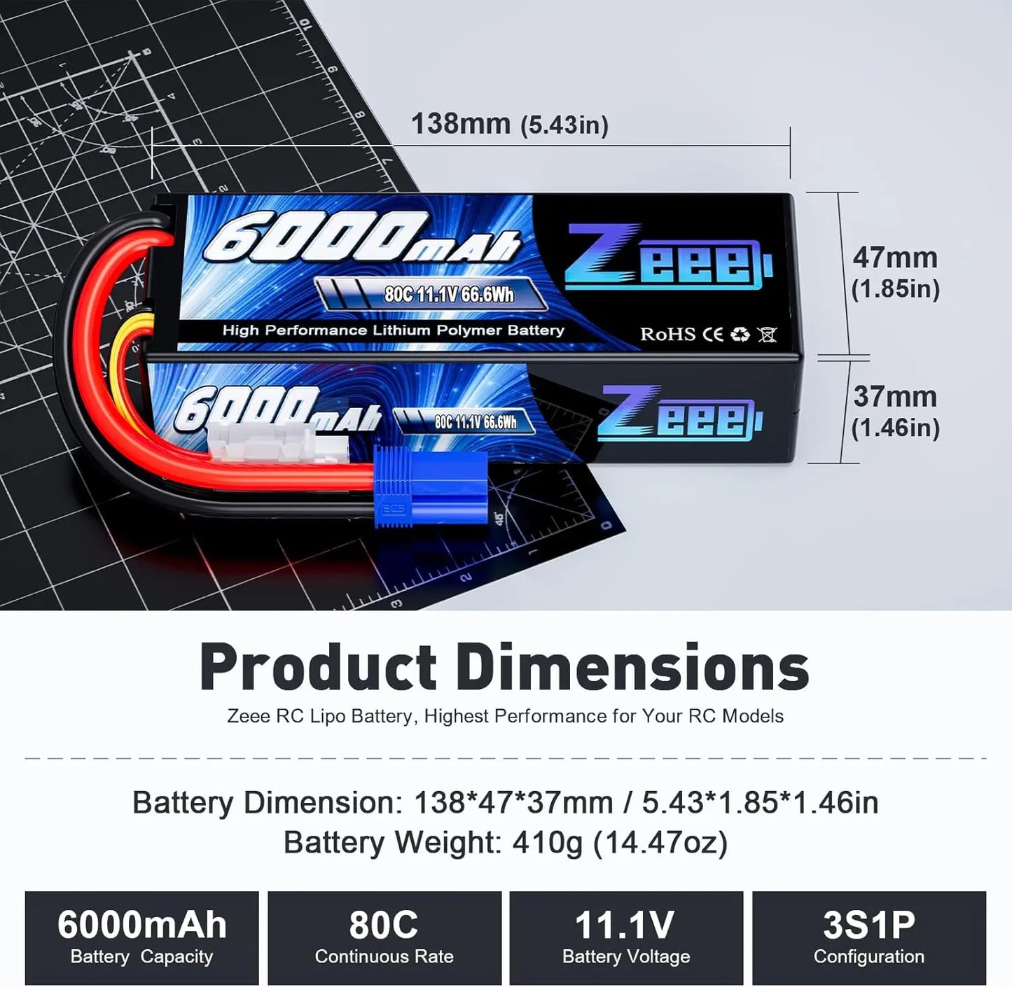 2pc Zeee 3S Lipo Battery 11.1V 80C 6000mAh Hardcase EC5 Plug for RC Cars Trucks Boats FPV Drones