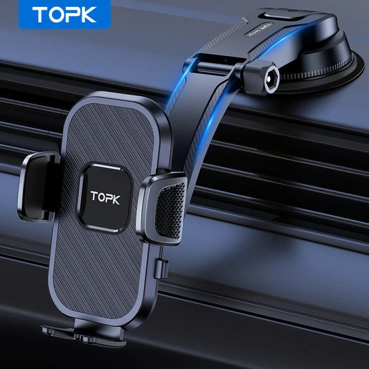 TOPK Universal Car Phone Holder, black, 360° rotatable, carbon fiber material, dashboard mount.