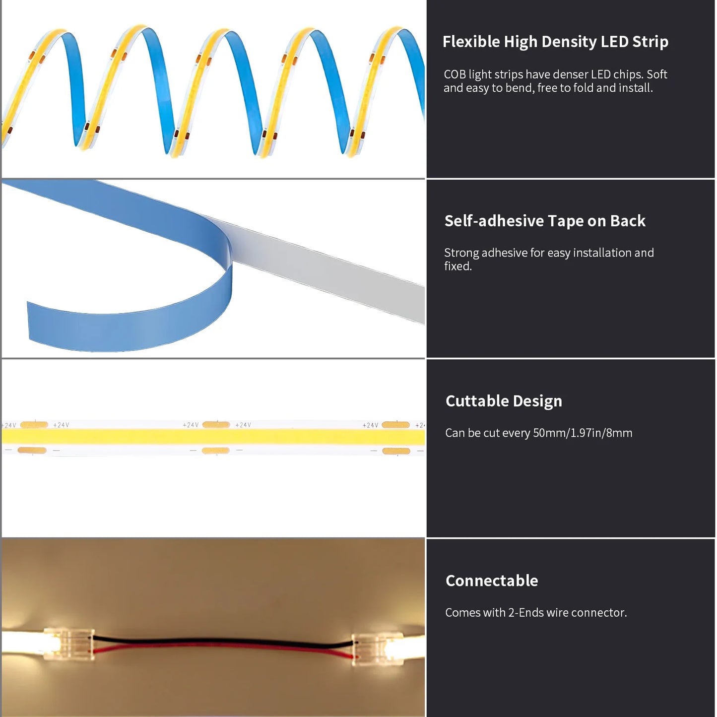 40FT COB LED Strip Light Warm White 3000K with RF Remote