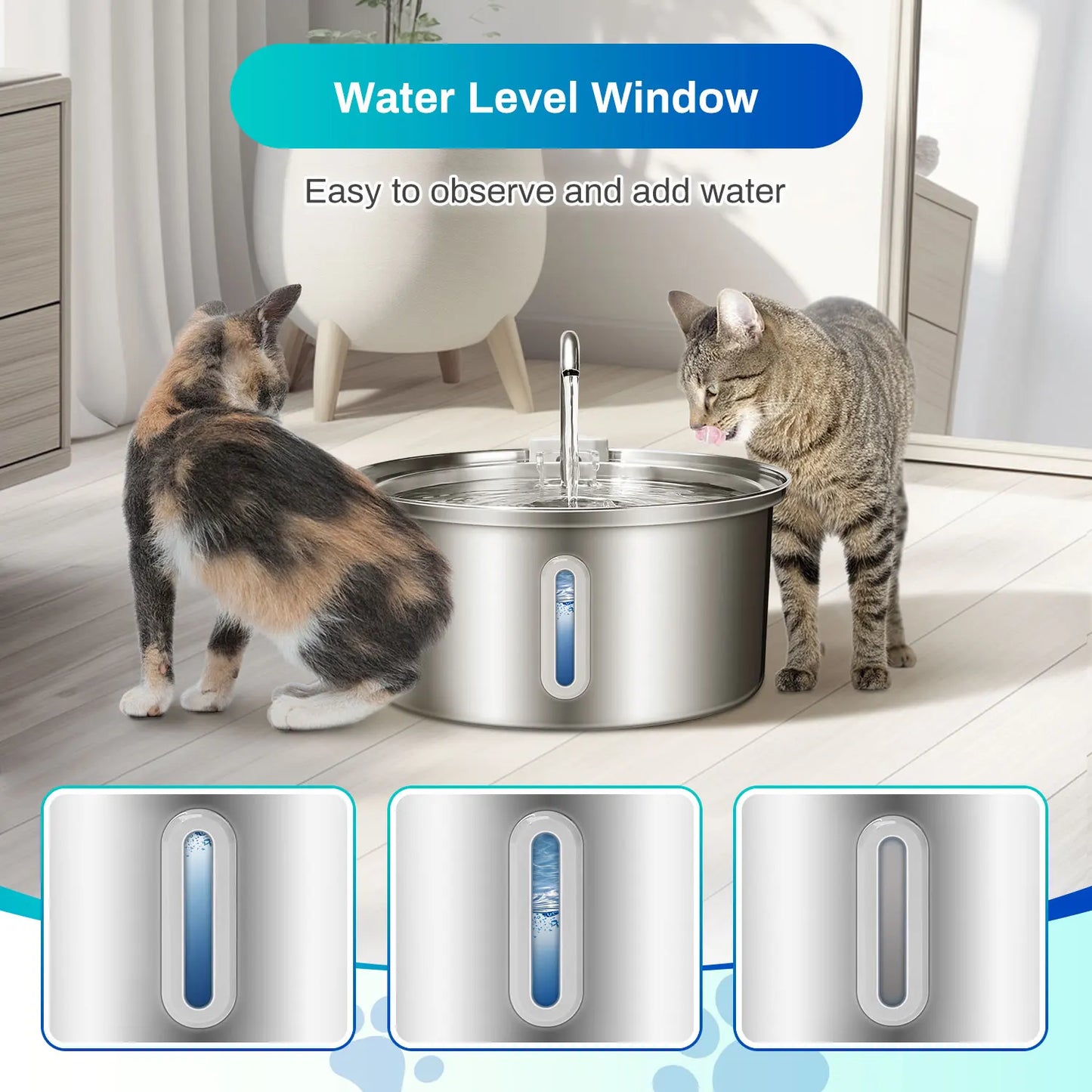Stainless Steel Cat Water Fountain 108oz 3.2L with Quiet Pump and Filter