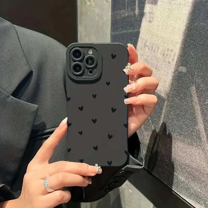 Black love heart phone case for iPhone, shockproof silicone cover.