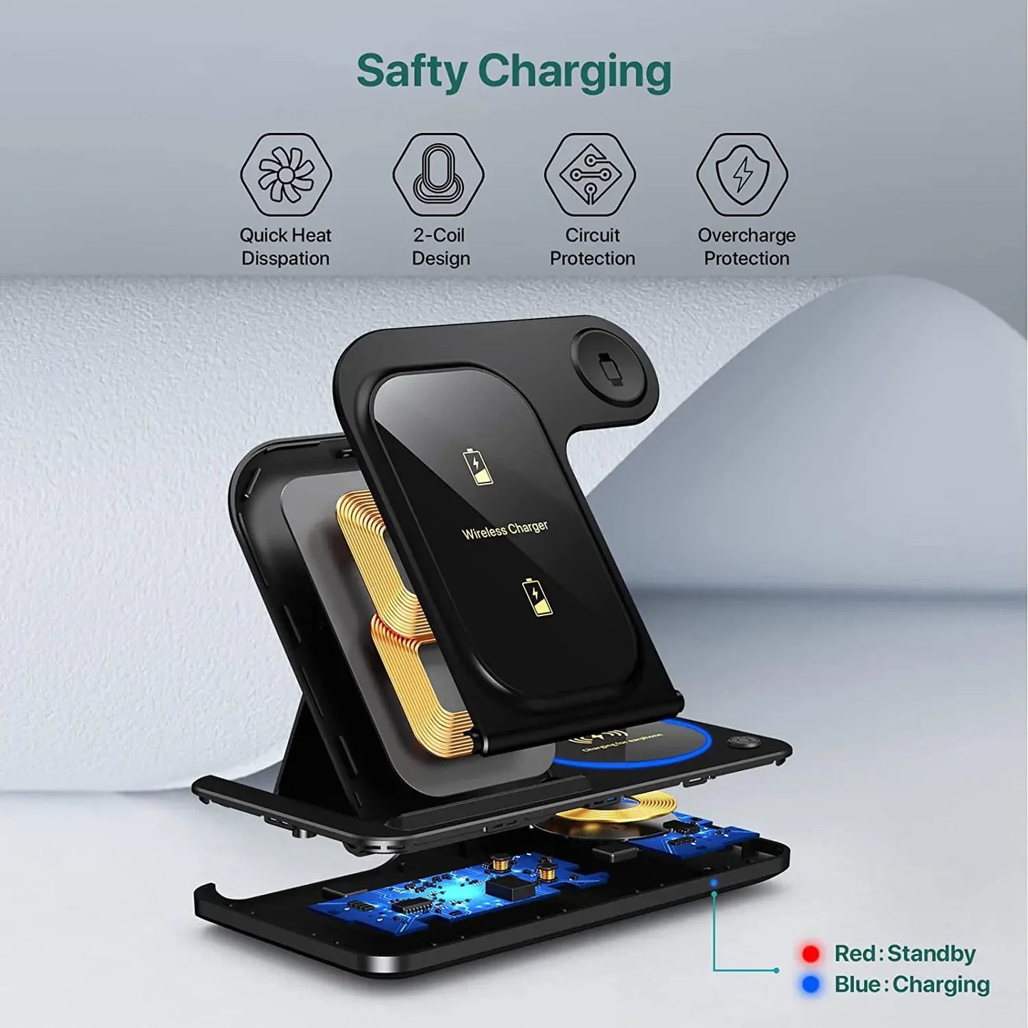 30W LED Fast Wireless Charger 3 in 1 Foldable Stand