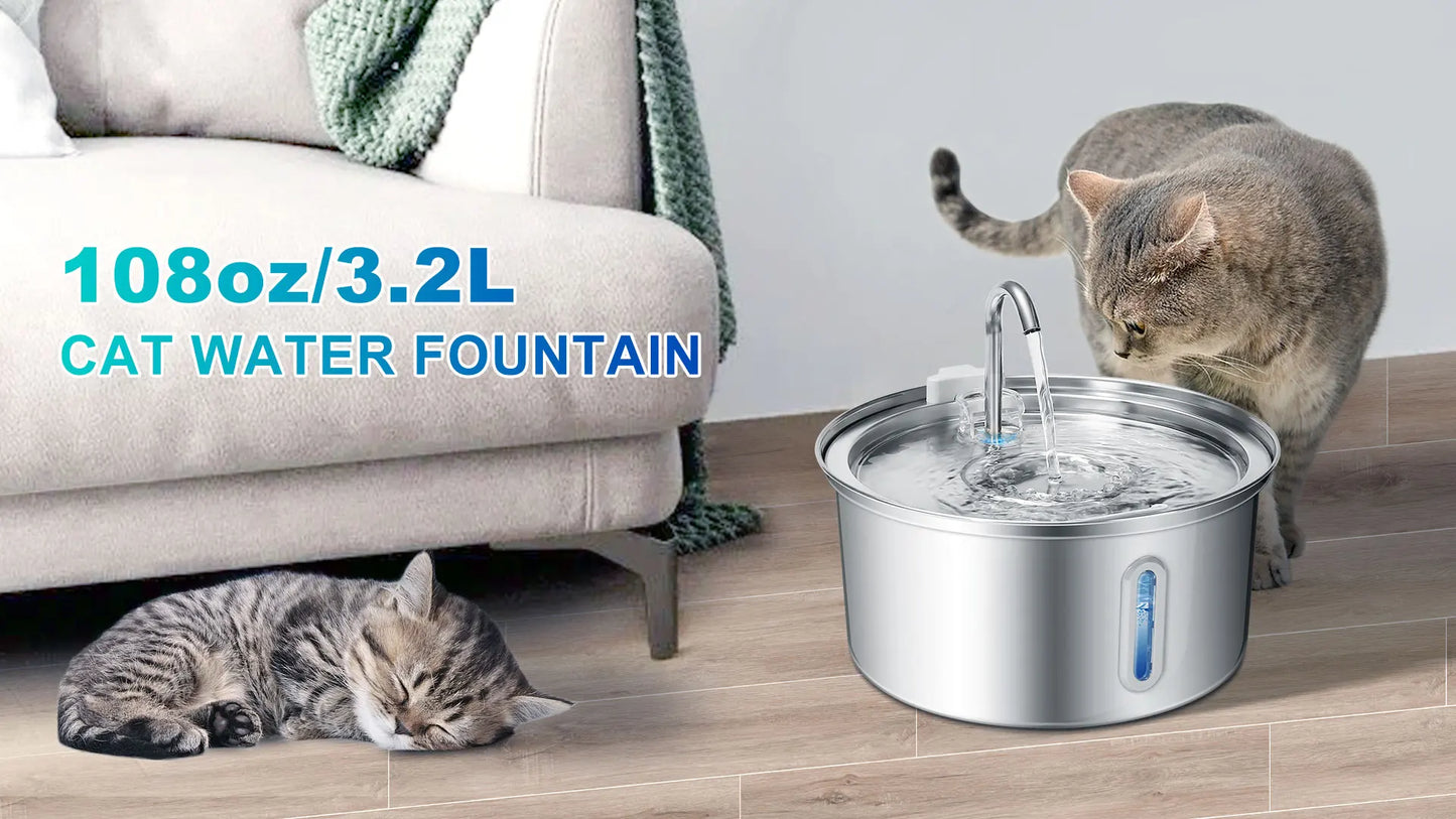 Stainless Steel Cat Water Fountain 108oz 3.2L with Quiet Pump and Filter