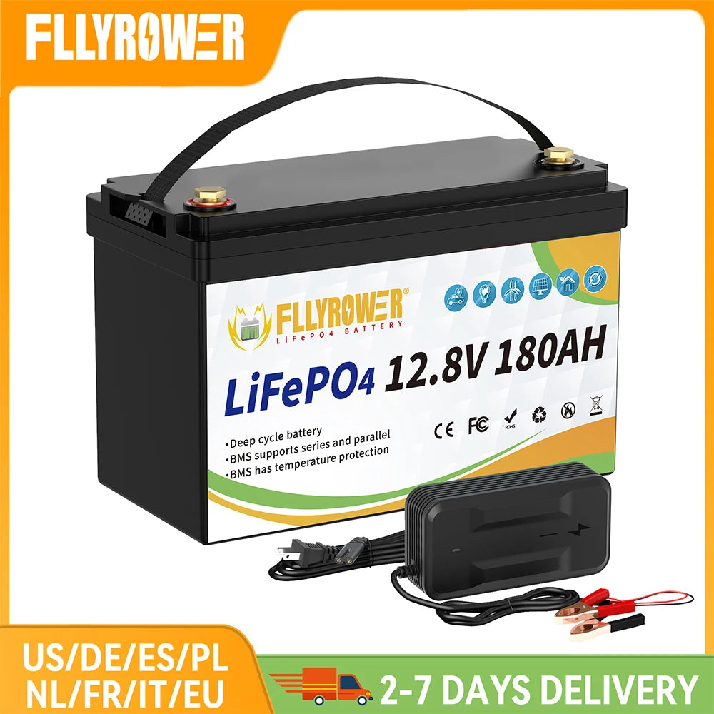 12V 180Ah LiFePO4 Battery Pack with Charger Lithium Iron Phosphate Battery for Campers Solar Wind and Off-Road Use