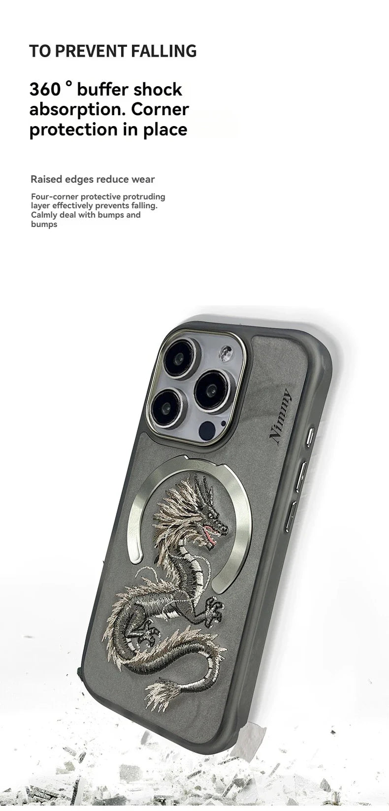 Dragon Phoenix 3D Embroidery Case for iPhone 16 Pro Max with MagSafe, anti-fingerprint, non-slip design.
