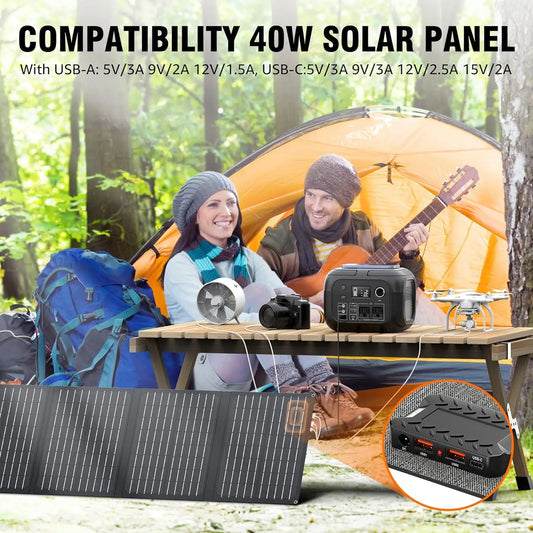 300W portable power station with 260Wh capacity, 40W solar panels, and AC outlet for camping.
