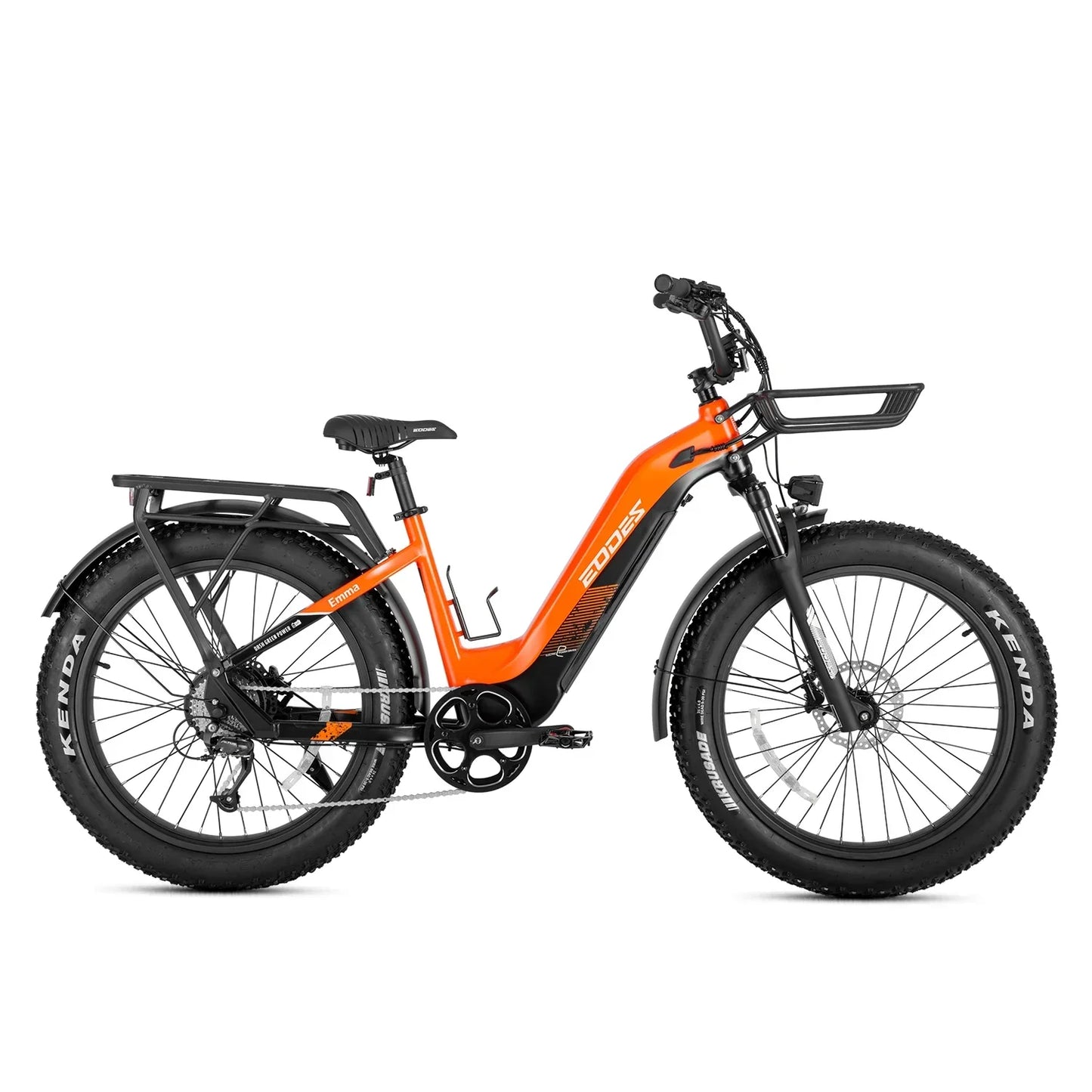 Orange 750W off-road electric bike with 26-inch fat tires, LCD, and Bluetooth.
