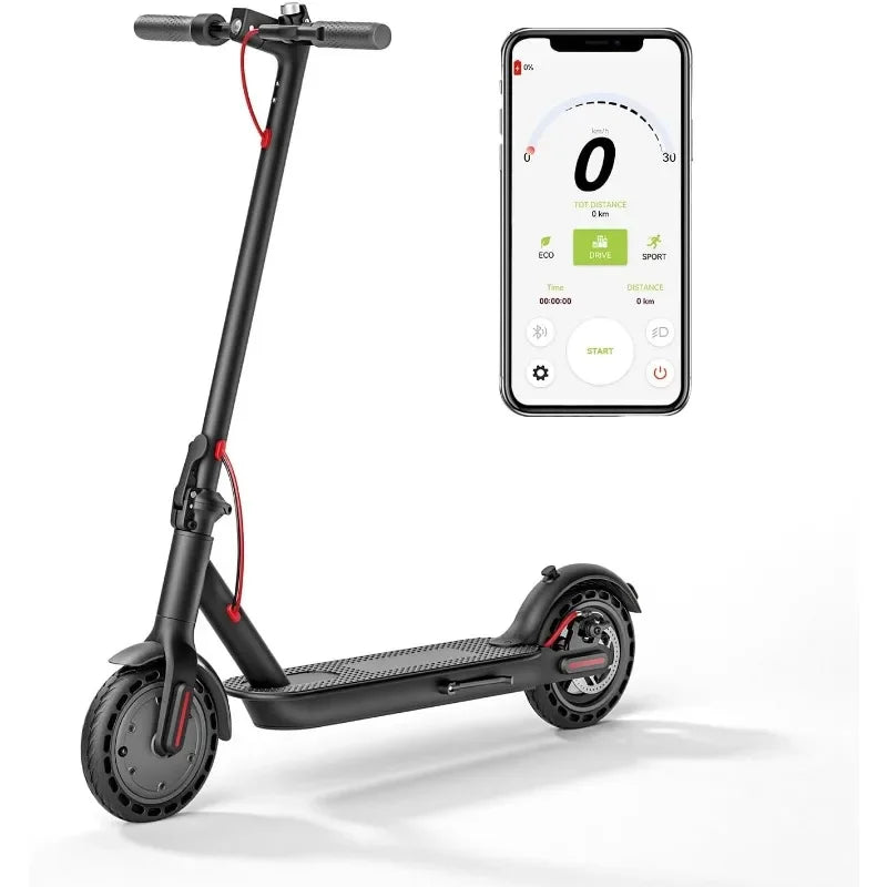 Foldable electric scooter for adults with 8.5-inch tires, 350W motor, 19MPH speed, 21-mile range, and smartphone app control