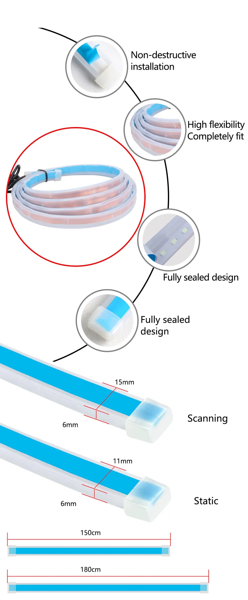150 180CM Car Hood LED Running Light Strip White Dynamic