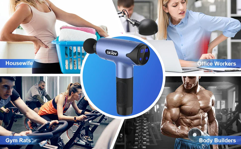 Sejoy Fascia Gun 30 Speed Massager with LED display and 10 heads in blue, ideal for deep relaxation and fatigue relief for gym goers and office workers.