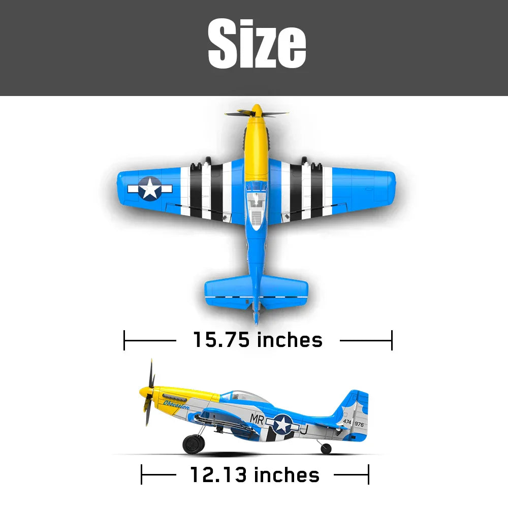 Volantex RC Mini Mustang P-51D V2 airplane with 400mm wingspan and 317mm length, shown in blue and yellow design.