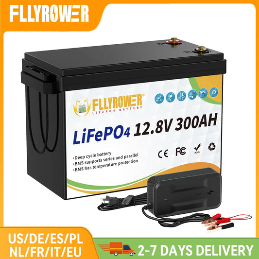 12V 300Ah LiFePO4 rechargeable battery pack with BMS for RV, boat, and solar applications