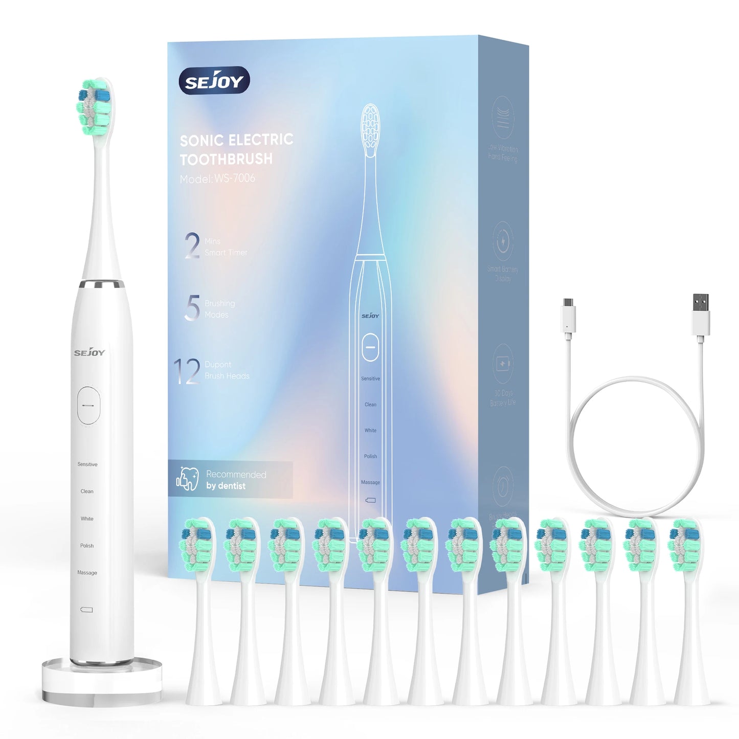 Smart Rechargeable Electric Toothbrush with 12 Heads 5 Modes