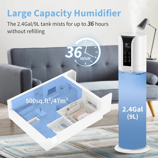 Cool mist humidifier with 9L tank, 36-hour runtime, remote control, and 360° rotating nozzle for large rooms up to 500 sq.ft.