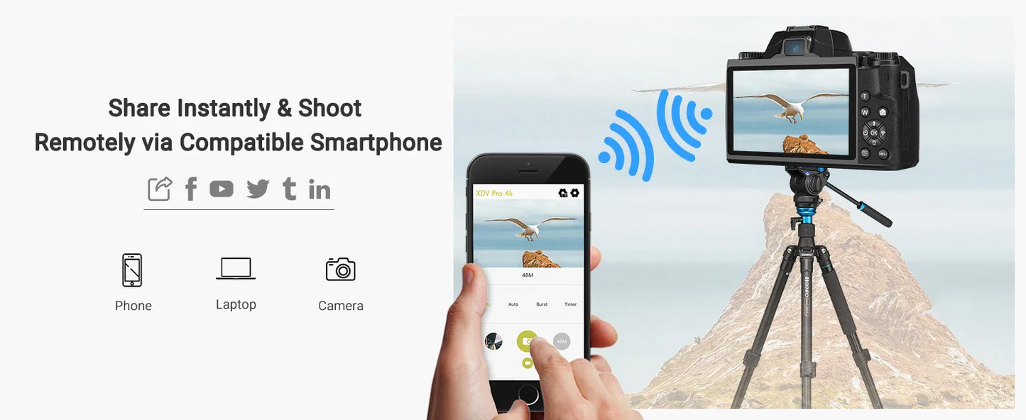 Digital Camera 4K 64MP WiFi Vlogging Camera with Flash Lens Hood Dual Cameras 4" Touch Screen