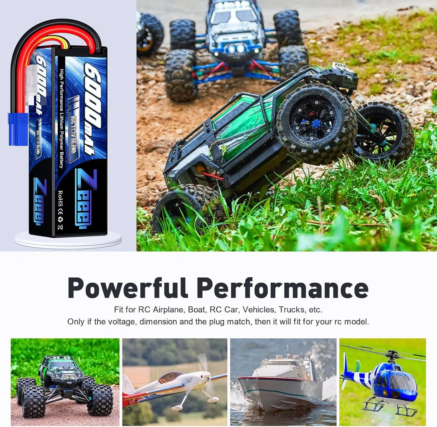 2pc Zeee 3S Lipo Battery 11.1V 80C 6000mAh Hardcase EC5 Plug for RC Cars Trucks Boats FPV Drones