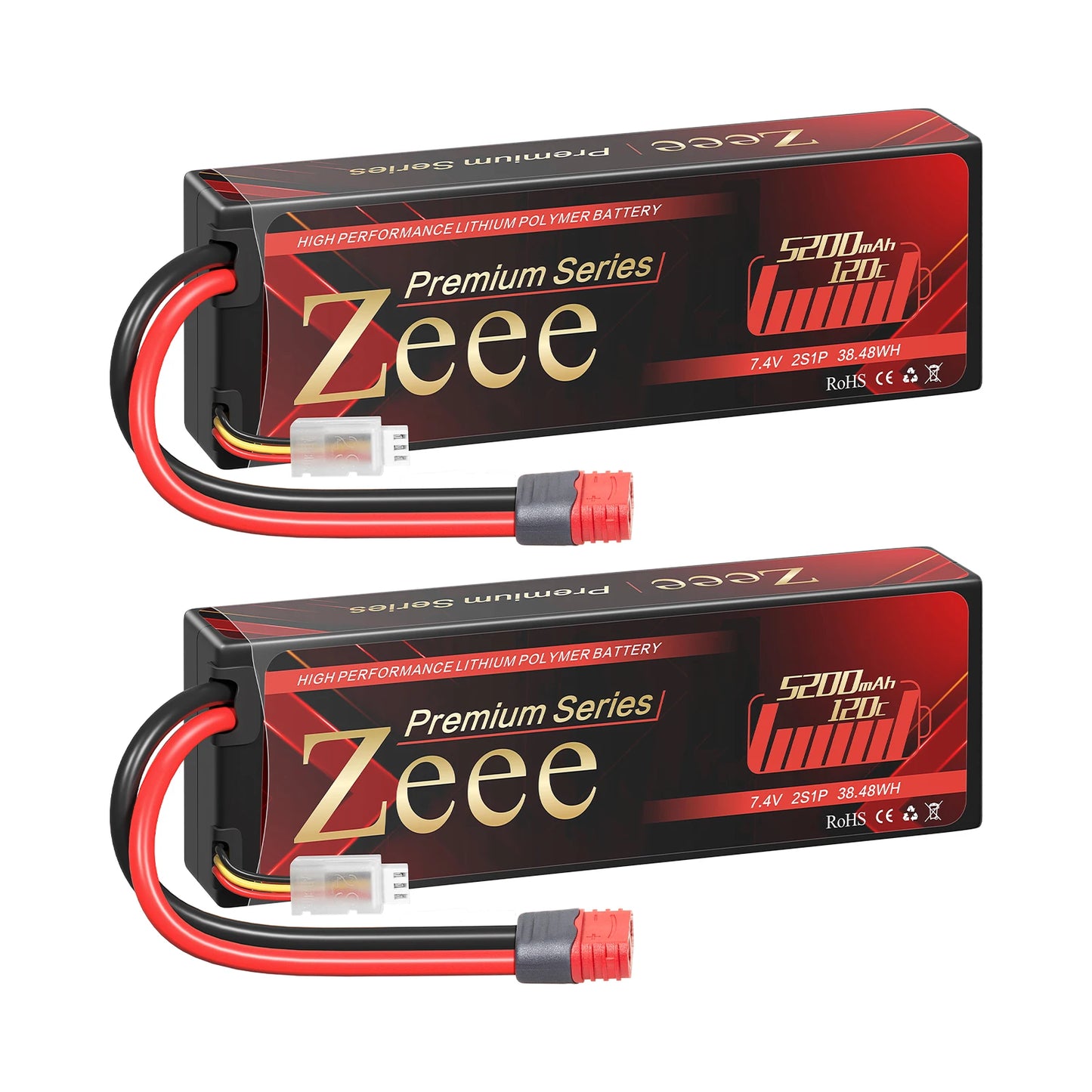 2pcs Zeee 2S Lipo Battery 5200mAh 120C Hardcase with T Plug for RC Car 1/8 1/10 Vehicles Premium Series