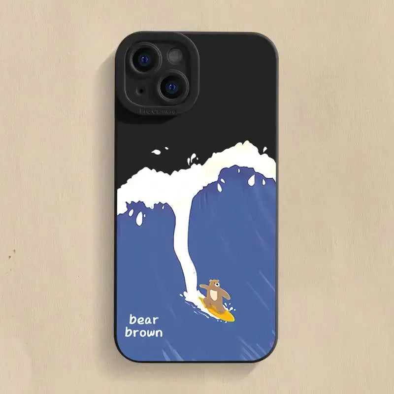 Cartoon surfing bear phone case for iPhone models.