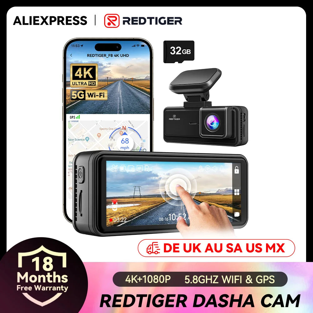 REDTIGER F8 4K+1080P Dash Cam Front and Rear with 5.8G WiFi and GPS