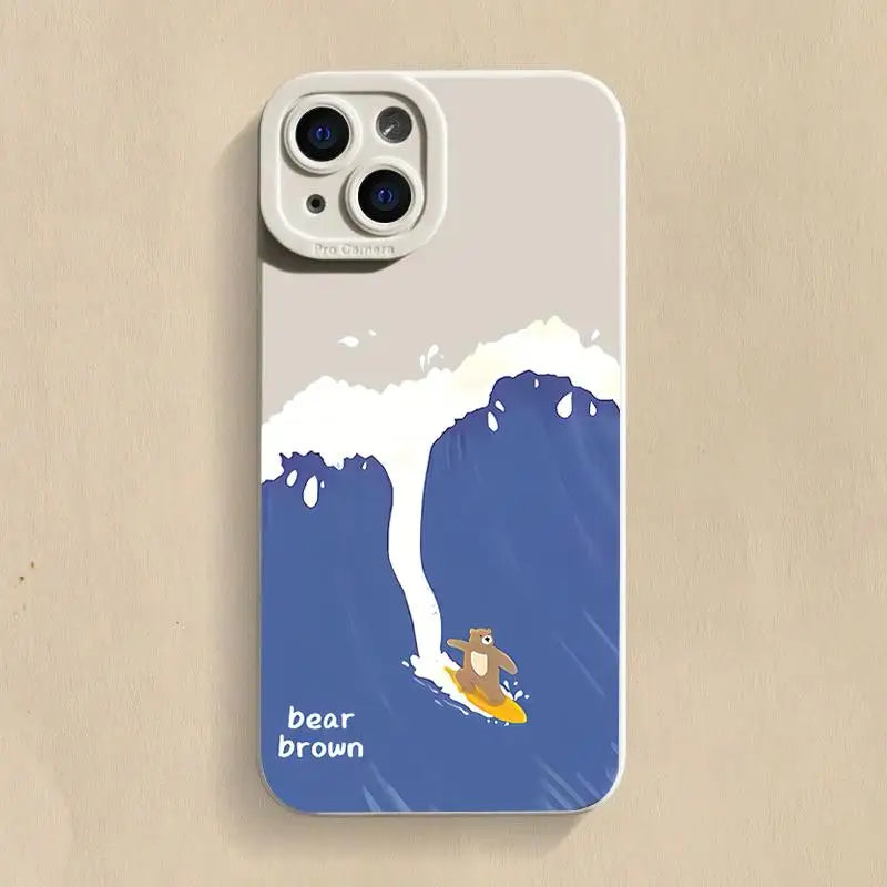 Cartoon surfing bear phone case for iPhone 16 Pro Max to X.
