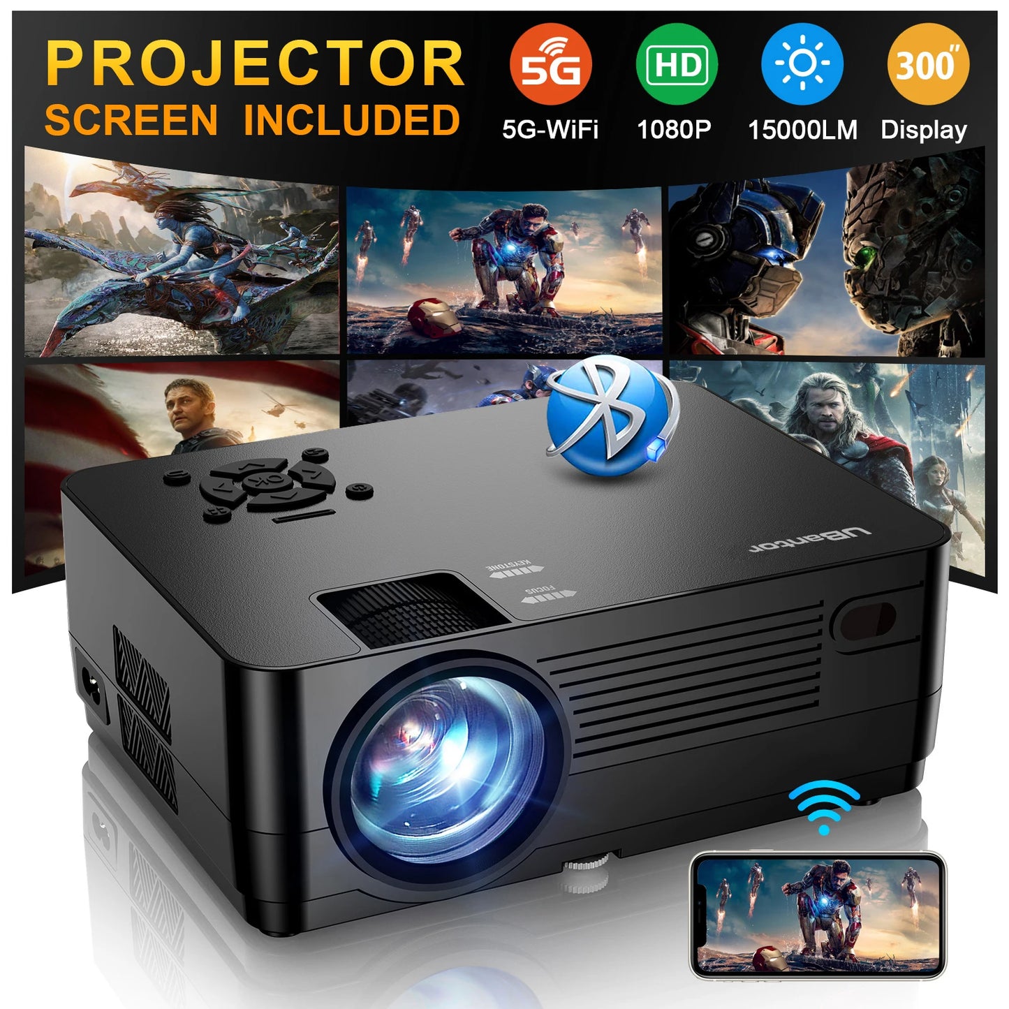 5G WiFi 1080P Projector with Screen 15000LM 300in Display