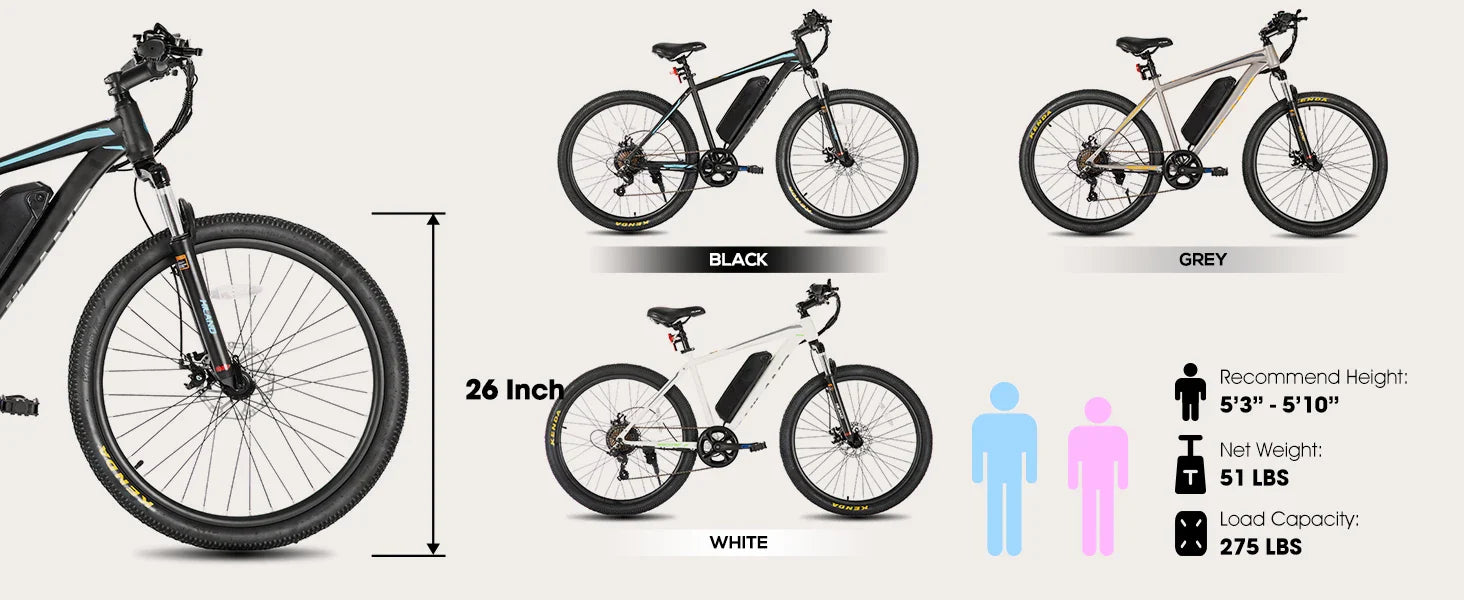 HILAND 26 Inch Electric Mountain Bike, 500W, with removable battery, available in black, white, and grey.