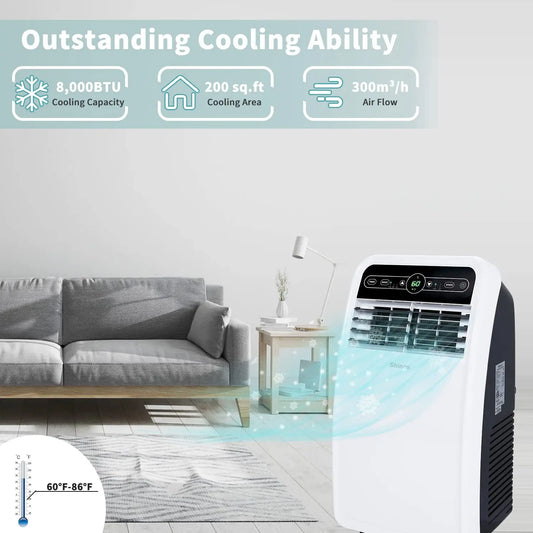 8000 BTU Portable Air Conditioner with Cool Dehumidifier and Fan Modes for Rooms up to 200 sq ft