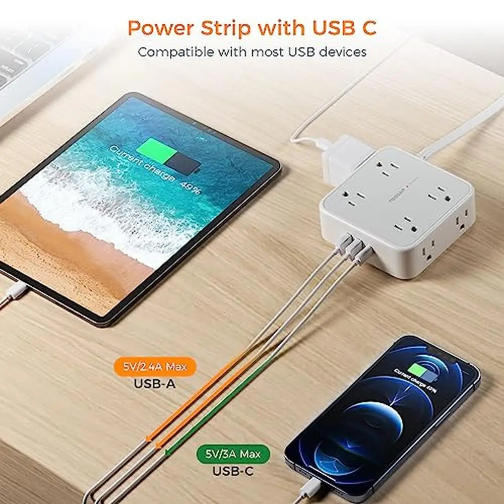 8 Outlet Surge Protector Power Strip with USB 25FT Flat Plug for Home Office